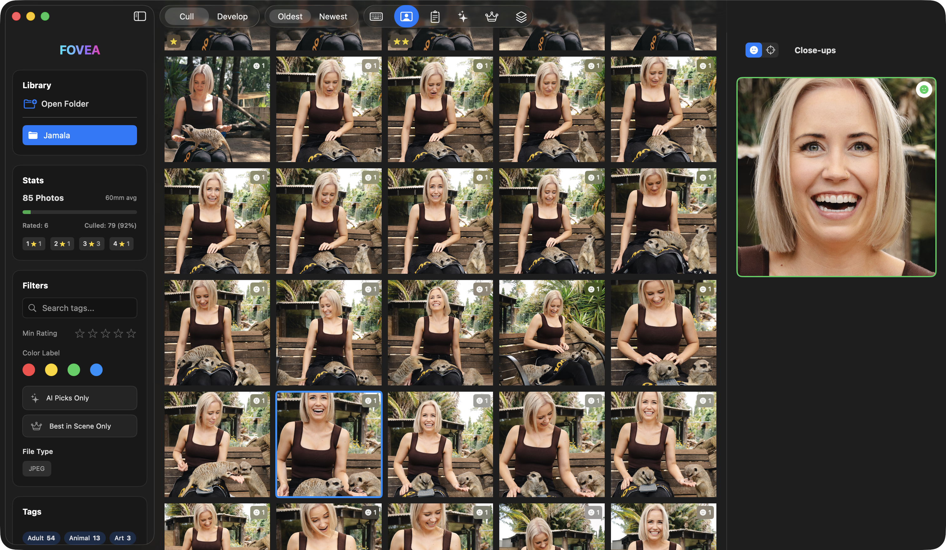 Fovea AI photo culling grid view for professional photographers on macOS
