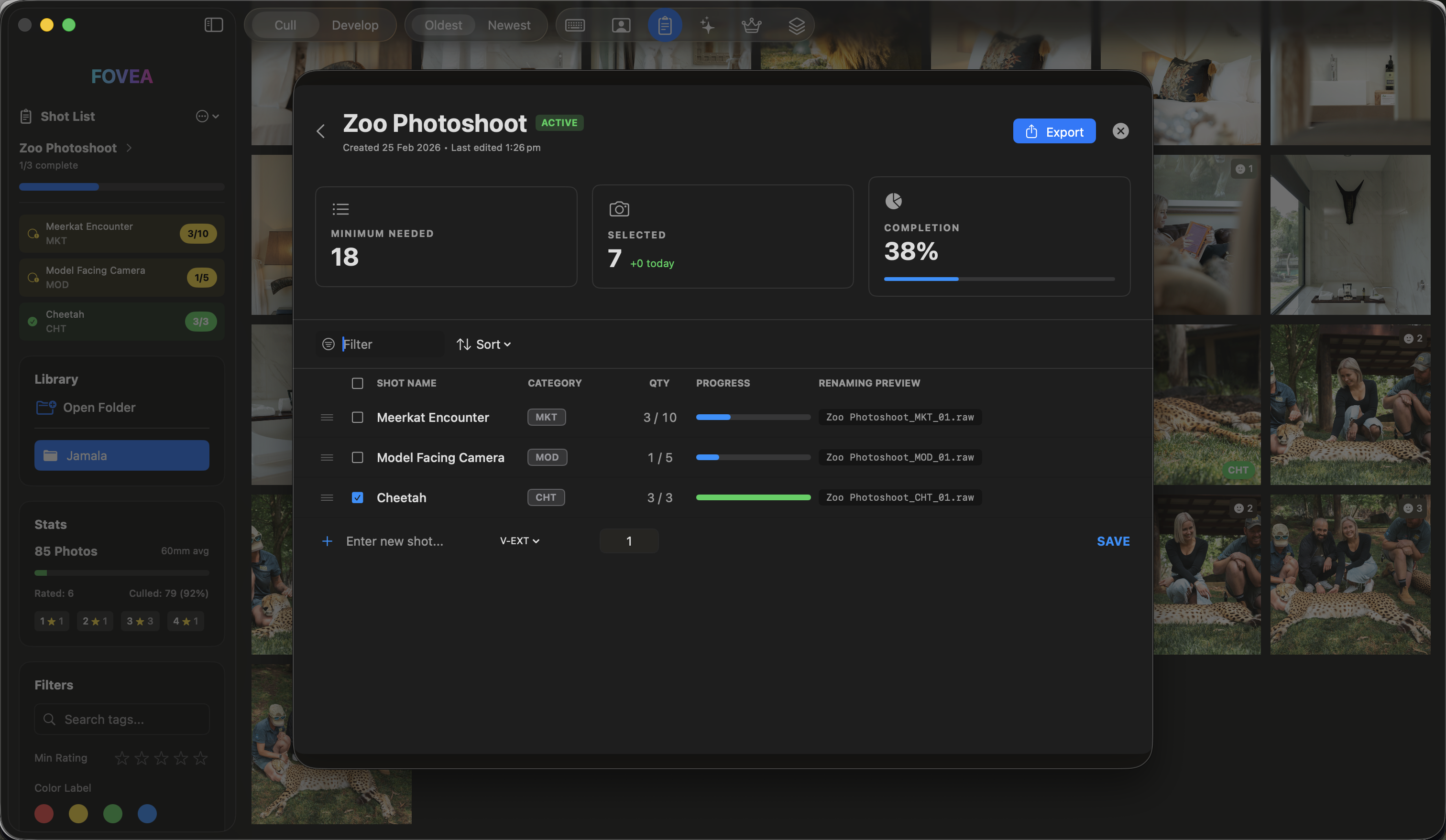 Integrated photography shot list tracking and smart templates